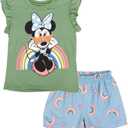 Disney Minnie Mouse Rainbow Floral T-Shirt and Chambray Shorts Outfit Set Infant to Big Kid Sizes (12 Months - 14-16) (Green)