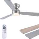 Asyko 46" Silver Low Profile Ceiling Fan with Light and Remote, Modern Flush Mount Ceiling Fans for Bedroom, Living Room, 6 Speeds, Dimmable, Timer, Quiet Reversible