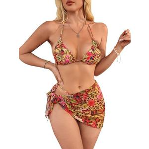 SOLY HUX Women's 3 Piece Swimsuits Print Halter Triangle Tie Side Bikini Bathing Suit with Cover Up Beach Skirt Medium