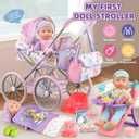 Baby Doll Stroller Playset for Girls Toddlers 3-5 4-6 5-7 Year Old to Play House Games. Stroller Toy with 12.5" Baby Doll, Dining Chair, Quilt Pillow, 24 PCS Doll Accessories and 2 Sets Clothes.