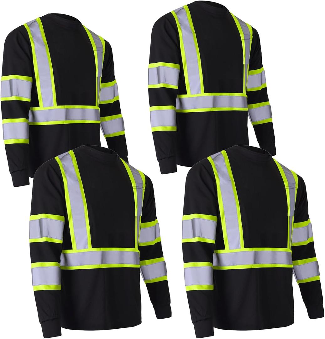 Apparel High Visibility Shirts, Long Sleeve Hi Vis Reflective Safety Shirts with Pocket for Men (X-Large, Black, 4 Pack)