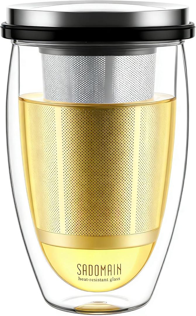 Glass Tea Cup with Infuser and Lid, Tea Infuser Mug in 12 OZ/350ML, Heat-Proof Double Wall Glass Tea Cup, 100% Plastic-Free Tea Mug with Lid and Strainer, Keeps Drinks Hot/Cold Longer Time