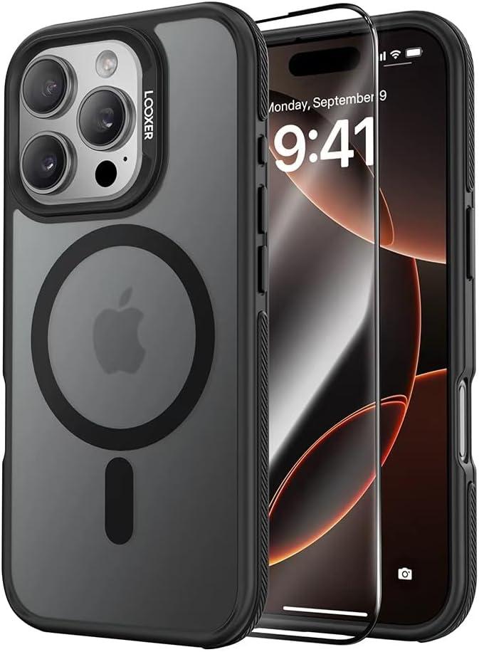 LOOXERArmor Rugged Magnetic Case for iPhone 16 (6.3) Military-Grade Drop Protection,Shockproof Bumper with Side Grip|MagSafe Compatible +Tempered Glass Screen Protector Included(Black,16ProMax)