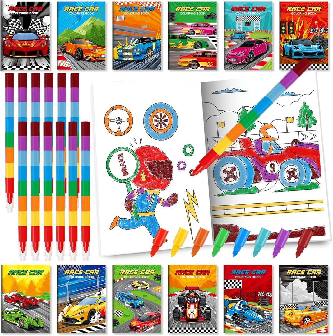 BenLouis 24 Race Car Mini Coloring Books Kids with 24 Stacking Crayons Racing Theme Party Favors Activity Books Bulk for Kids Fast Racecar Wheel Birthday Goodie Bag Gift Stuffer Classroom Reward