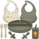 LITTLE RAWR Silicone Baby Feeding Set, Baby Led Weaning Supplies, Baby Spoons Suction Divided Plate Bib Cup, First Stage Solid Food Eating Utensils - 6+ Months(Green-Beige)
