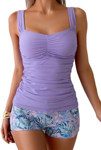 B2prity Women's Tankini Swimsuit Tummy Control Ruched Two Piece Bathing Suit Push Up Modest Swim Suits with Shorts Medium