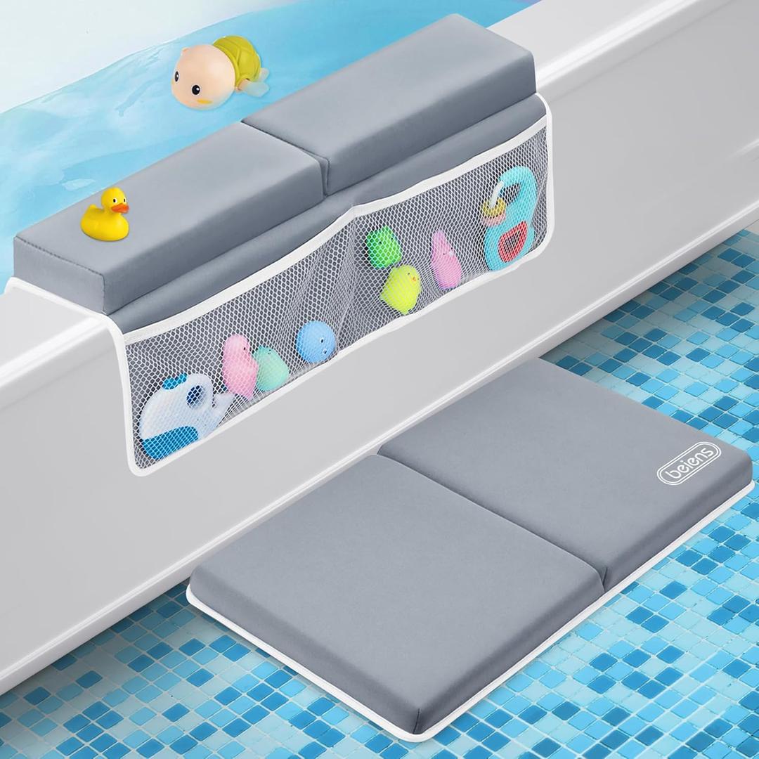 beiens Bath Kneeler and Elbow Rest Pad Set - 1.5'' Comfortable Thick Baby Bath Kneeler Pads, Quick Dry Soft Kneeling Pad for Baby Bath Time, Non-Slip Knee& Arm Support Bathtub Mat with Toys Organizer (Grey)