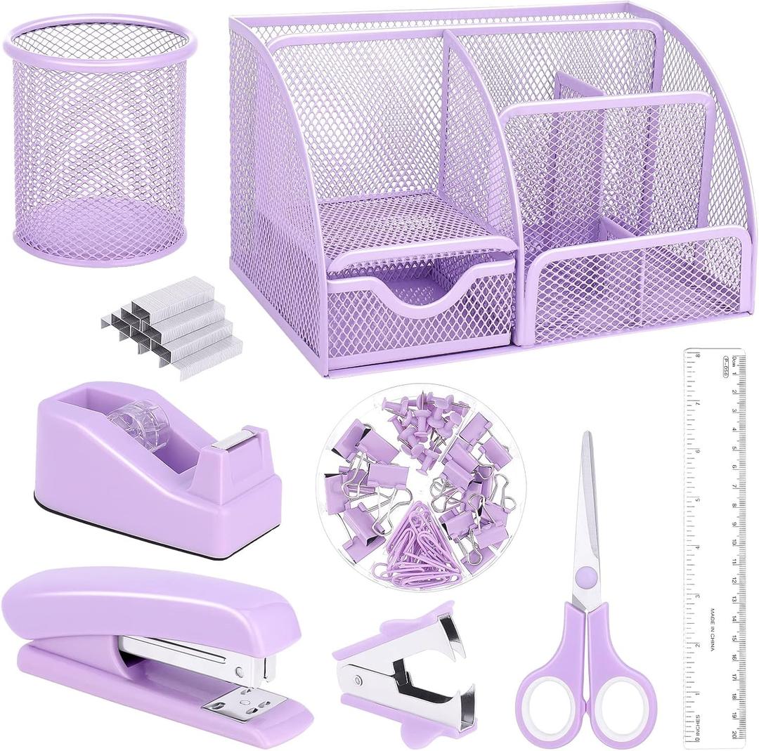 Purple Mesh Desk Organizer and Accessories, Purple Office Supplies 7 Compartments Desk Organizer with Stapler, Tape Dispenser, 1000 Staples, Pen Holder, Staple Remover, Clips, Ruler, Scissors