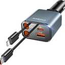 Coolpow Retractable Car Charger Adapter4 in 1 Fast Charging Retractable Car Charger USB C Car Phone Charger USB C Cigarette Lighter Charger Adapter Car Charging Block Cube for iPhone 17 Pro Max 16 15 (Gray)