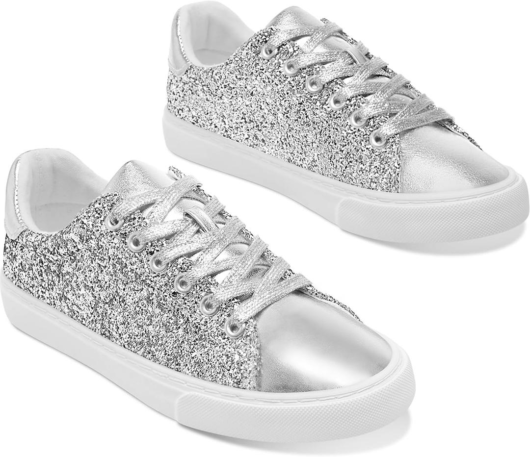 AISFAES Glitter Sparkly Low Top Sequins Lace Up Tennis Shoes Comfort Bling Fashion Shiny Walking Shoes (8 Women/6.5 Men)