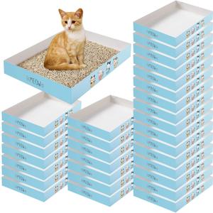 Roshtia 30 Pcs Disposable Cat Litter Box Foldable Paper Kitty Tray 13.8 x 10 x 2 Inch Portable Kitten Boxes Low Entry Waterproof Lightweight Cardboard(Meow,Blue)