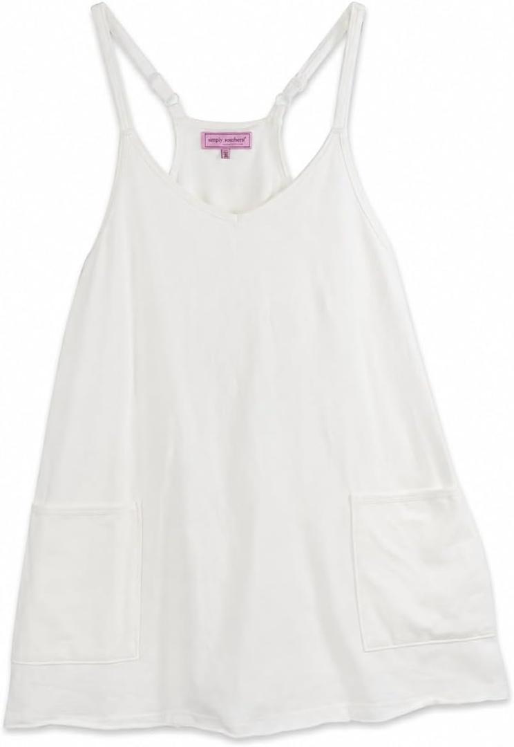 Simply Southern Women's Tara Dress with Racerback, Front Patch Pockets, Inside Romper (White, M)