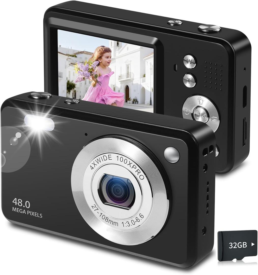Digital Camera for Kids,1080P 48MP Point and Shoot Digital Cameras with 32GB Memory Card and 16X Digital Zoom Kids Camera, Compact Portable Small Gift for Boys Girls Teenager