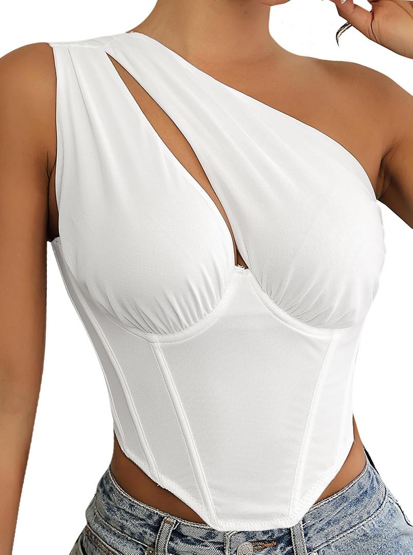 Avanova Women One Shoulder Mesh Corset Tops Cutout Boned Bustier Sexy Night Out Party Crop Top White Medium (White, M)