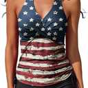 Women Two Piece Tankini Halter Padded Adjustable Drawstring Swimsuit with Boyshorts (X-Large, American Flag)