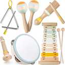 Baby Musical Instruments - Neutral Colors Musical Toys for Toddlers 1-3, Montessori Wooden Percussion Instruments Set with Modern Boho Xylophone Tambourine, Kids Preschool Educational Birthday Gifts