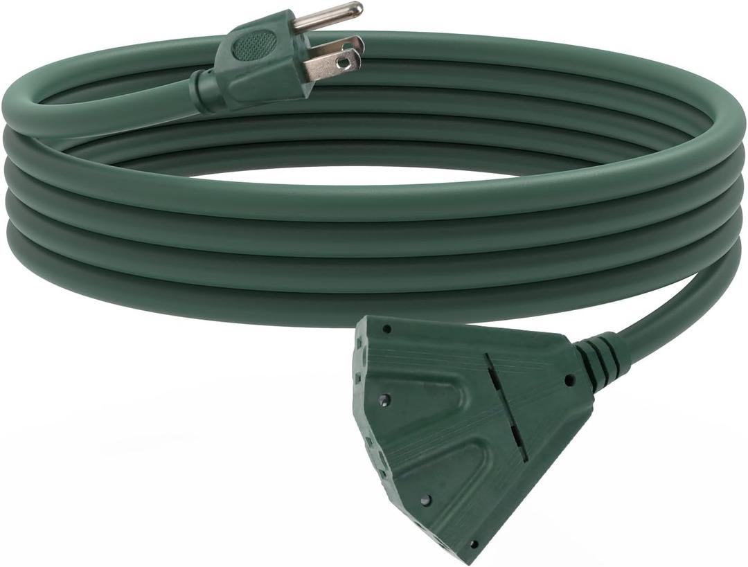 10 Ft Outdoor Extension Cord with 3 Electrical Power Outlets - 16/3 SJTW Green Cable with 3 Prong Grounded Plug