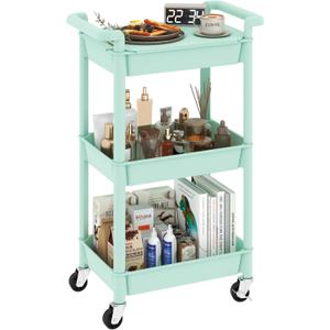 3-Tier Utility Rolling Cart with Cover Top Board, Mobile Utility Cart with Lockable Casters Multi-Functional Storage Trolley for Office, Bathroom, Kitchen, Garden, Laundry Room (Green)