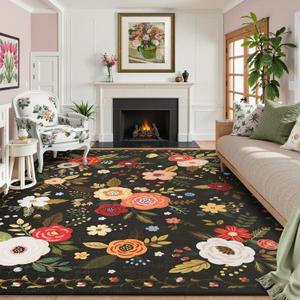Area Rug 8x10 Clearance Rugs for Living Room Black Floral Large Vintage Washable Rug Non Slip Low Pile Carpet Rug for Bedroom, Kids Playroom, Farmhouse, Dining Room, (Black)