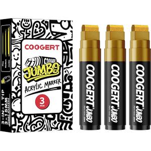 Coogert 3Pcs Black Jumbo Poster Markers, 15MM Thick Permanent Acrylic Graffiti Markers, Wide Tip Paint Marker for Canvas, Posters Board, Fabric, Window, Glass, Wood, Teachers,Banner painting supplies, Gold 
