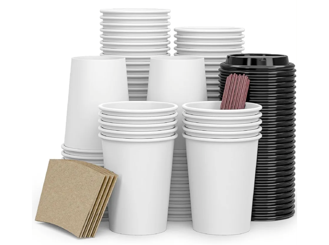 To Go Disposable Paper Coffee Cups,120 Pack with Lids,Sleeves,Straws,Hot/Cold Beverage Drinking Cup for Water,Juice,Coffee or Tea,Suitable for Home,Shops Cafes, 12 oz