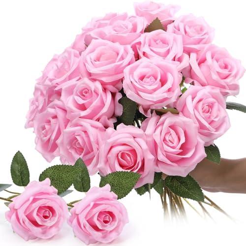 Thiccywoov 30 Pcs Rose Artificial Flowers in Bulk Lifelike Long Stem Silk Roses Bouquets Realistic Faux Flowers for Wedding Bridal Shower Home Decor Floral Arrangements Table Centerpiece(Pink)