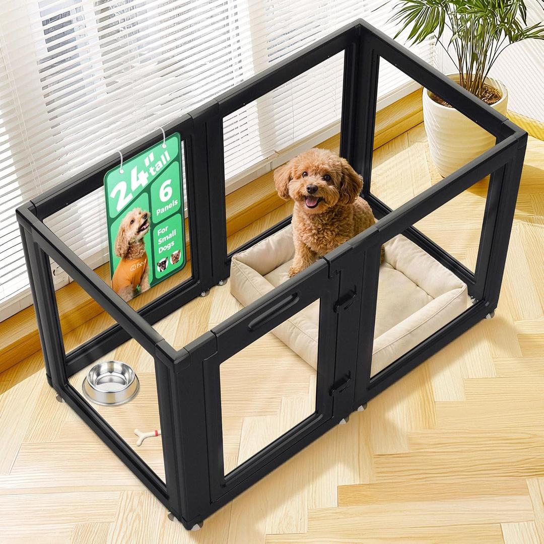 FXW AuraSpace Clear Acrylic Indoor Dog Playpen, 24" H, 6 Panels, Black
Open View, Modern Home Fit, No Climbing Bars, Tool-Free Setup, For Puppies & Small Dogs