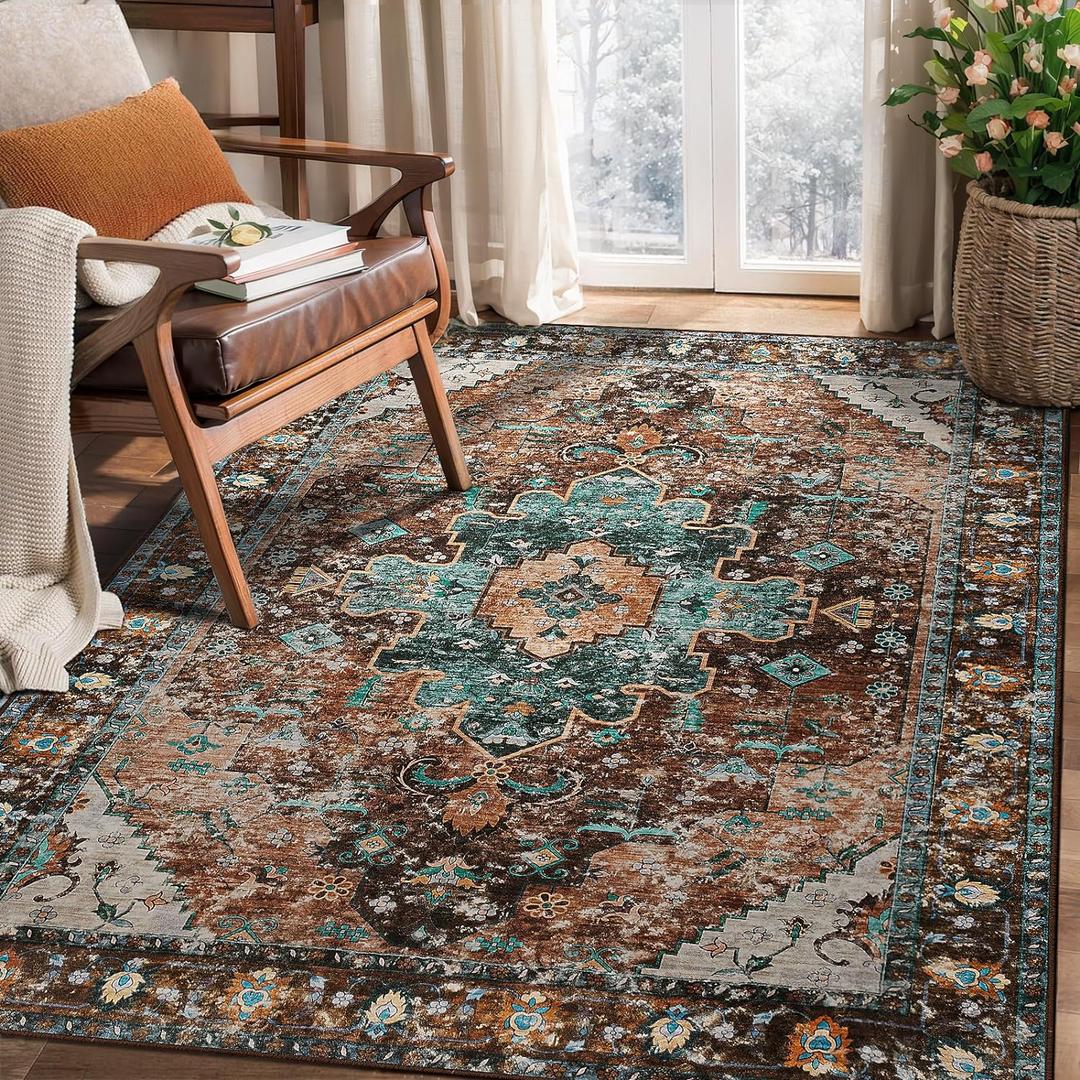 Ciicool Boho Area Rug 3x5ft Washable Bedroom Rug Non-Slip Oriental Entryway Throw Rug Low-Pile Indoor Floor Carpet for Living Room Laundry Foyer Decor (Brick Red/Dull Teal) (3' x 5')