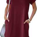 YEXIPO Women's Casual Summer Short Sleeve T Shirt Dress Nightgown Crew Neck Loose Solid Color Basic Dresses with Pockets SIZE L ( Wine Red )