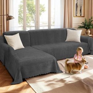 HDCAXKJ Chenille Couch Covers for Sectional Sofa L Shape Sofa Cover Blanket with Tassel 2-Piece L Shaped Sectional Slipcovers with Chaise Washable Pet Dog Furniture Protector (Dark Grey, X-Large)
