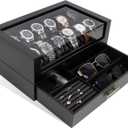 High End Watch Box for Men, 12 Slot Wooden Watch Case With Drawer, Watch Display Box with Glass Lid, 2-Layer Watch Holder for Jewelry and Watch Storage for Men Women , Ideal for Gift (With Gift Box) (Black)