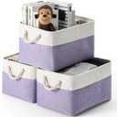 DUHEL Storage Bins 3 Pack, Fabric Storage Basket for Collapsible Medium Canvas Storage Baskets for Organizing Shelf Nursery Home Closet . (White&Purple-3PCS)