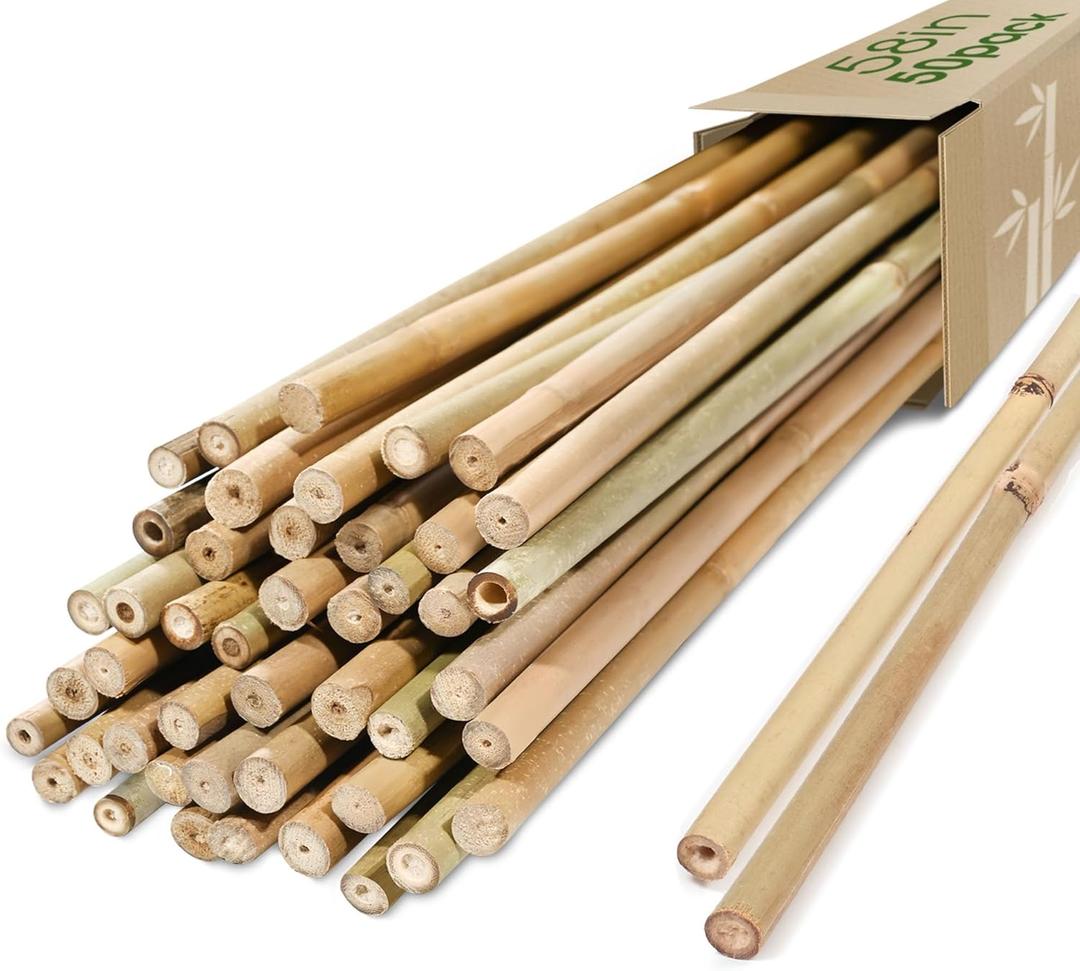 Cambaverd Bamboo Stakes for Plants, 50 Pack Bamboo Stakes 5 Feet(58in, Approx 5FT), Natural Garden Stakes for Tomatoes and Climbing Plant Support, Sturdy Bamboo Plant Stakes