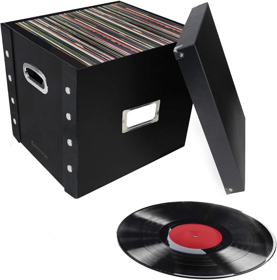Vinyl Record Storage Box - 12" - 1 Pack- Crate Holds up to 75 Vinyl Albums - Black