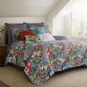 Levtex Home - Night Garden Quilt Set - Full/Queen Quilt and Two Standard Shams - Bold Floral - Navy Red Pink Green Ochre White - Quilt (88x92in.) and Shams (20x26in.) - Reversible - Cotton