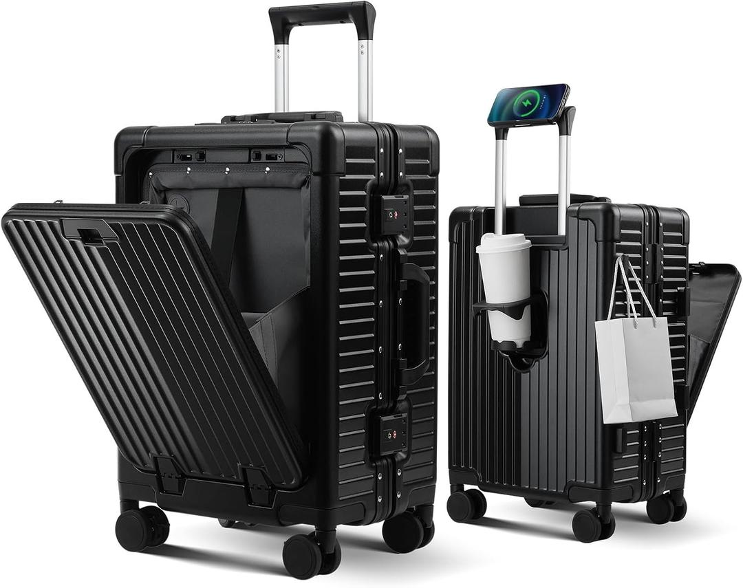 Carry on Luggage Aluminium Frame with Cup Holder,Top opening Suitcases and USB Charging Port,Lightweight with Front Pocket Rolling Suitcases with Spinner Wheels (Black, 20Inch)