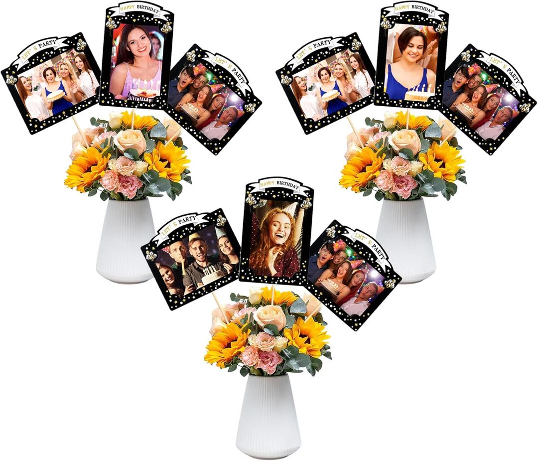 8Pcs Personalized Photo Props Happy Birthday Party Centerpiece Sticks DIY Photo Table Flower Decorations for Floral 30th 40th 50th 60th Black Gold Birthday Table Topper Party Decorations