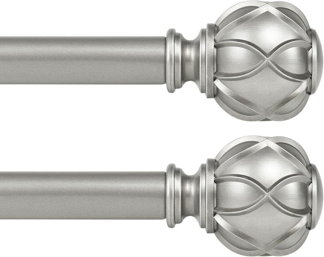 KAMANINA 1 Inch Curtain Rod Telescoping Single Drapery Rod 28 to 48 Inches (2.3-4 Feet), Pack of 2 Antique Silver Curtain Rods for Windows 16 to 44 Inches, Netted Texture Finials