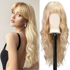 BARSDAR Long Wavy Blonde Wig With Bangs - 26 Inch Long Wavy Blonde Wig with Bangs for Women - Thick Soft Synthetic Hair Replacement Wigs Natural Looking Daily Cosplay Party Halloween