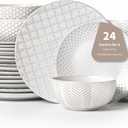 24 Piece Dinnerware Sets for 8, Premium Stoneware Plates and Bowls Sets, Microwave & Dishwasher Safe, Elegant Dishes for Entertaining & Special Occasions  A Stunning Gift for Large Families (Mixed Embossment)
