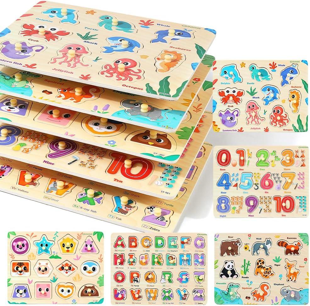 GRINNNIE Wooden Puzzles for Toddlers 3 4 5 Years Old, Montessori Toddler Toys 5PCS Peg Puzzles with Knob - Number, Alphabet, Shape, and Animal, Great Christmas Birthday Gifts for Boys Girls