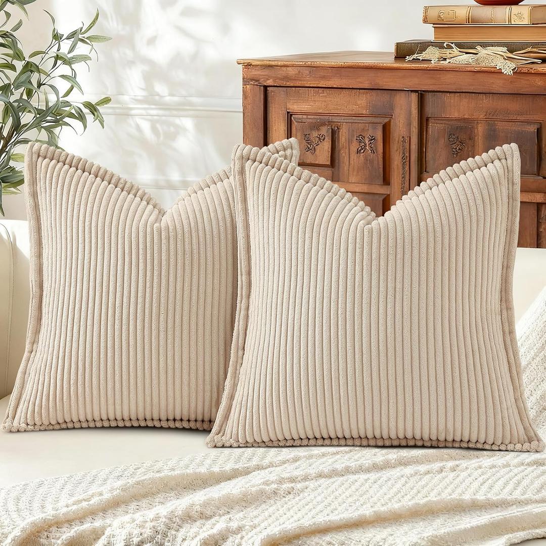 Mecatny Corduroy Throw Pillow Covers 26x26 Set of 2, Neutral Decorative Soft Boho Couch Pillow Covers with Broadside for Sofa Living Room, Beige