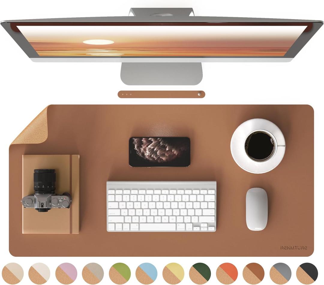 RENMTURE Desk Pad, Cork & PU Leather Desk Mat, Large Mouse pad, Non-Slip Desk Protector and Blotter, Waterproof Writing Pad, Desk Accessories and Organizers for Home Office (Brown, 32"x16")