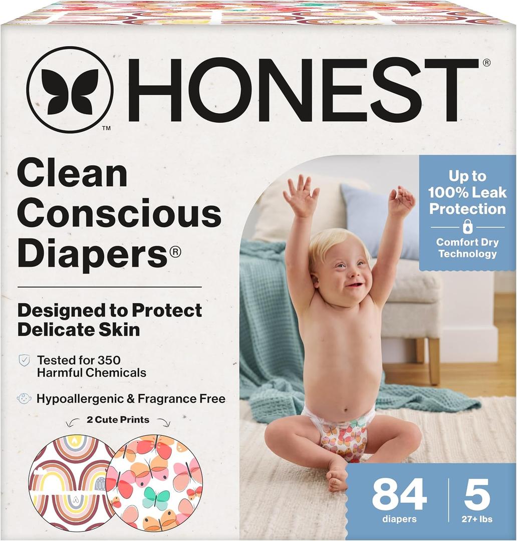 The Honest Company Clean Conscious Diapers for Delicate Skin | Up to 100% Leakproof | Hypoallergenic, Fragrance Free | Girl Prints | Super Club Box, Size 5 (27+ lbs), 84 Count (Prints May Vary) (Wingin' It + Catching Rainbows)