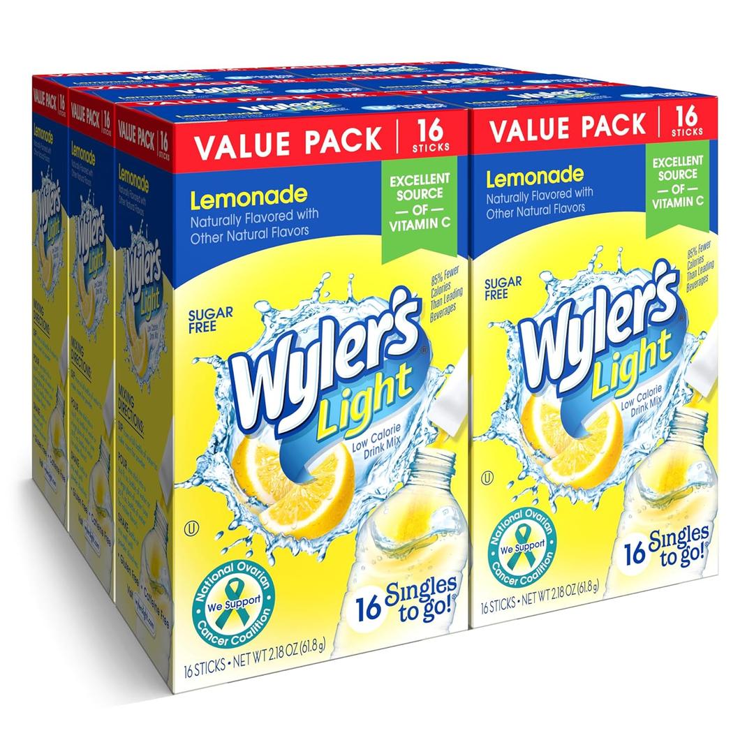 Wyler's Light Singles To Go Powder Packets, Water Drink Mix, Lemonade, 16 Count, 6 Boxes, BBD: Jan 2028 (96 Single Servings)