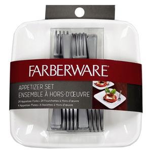 Faberware Appetizer Set 24 Gray Plastic Forks 4 White Plastic Square Plates
