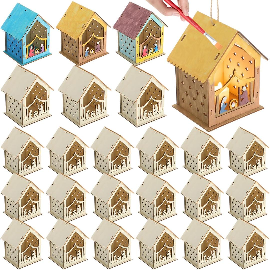 DoubleFill 24 Pcs Christmas Nativity Painting Craft Kits for Kids Nativity House Religious Craft for Kids Make Your Own Jesus House DIY Wooden Christian Christmas Ornaments for Art Sunday School