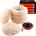 SPTA Wool Polishing Pad, 5Pcs 3"(75mm) 100% Natural Wool Buffing Pad with 1Pc Hook&Loop Backing Pad, 1Pc Extension Shank for Drill Polisher Cutting, Car Body Repair Buffing