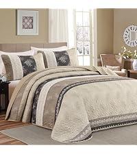 DJY Beige Quilt Set Queen Size Striped Bedspread Coverlet Set 3 Pieces Boho Branch Floral Pattern Quilted Bedding Set, Soft Lightweight Bed Cover for All Season (96''x90'')