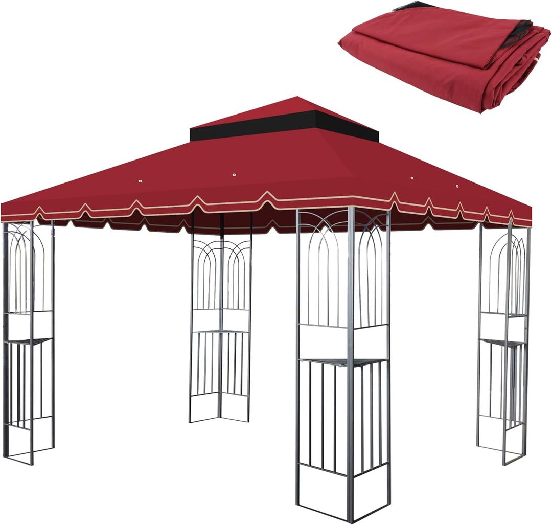 10x10 Ft Outdoor Patio Gazebo Replacement Canopy - Double Tiered Roof Top Cover with Great Wall Border - UV Protection & Water-Repellent Fabric - Fits 10x10 Gazebo Frame, Red (Frame Not Included)